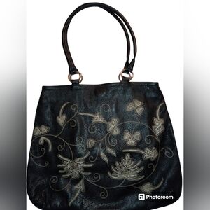 Berge brown embroidered genuine leather tote, with tan stitching on front